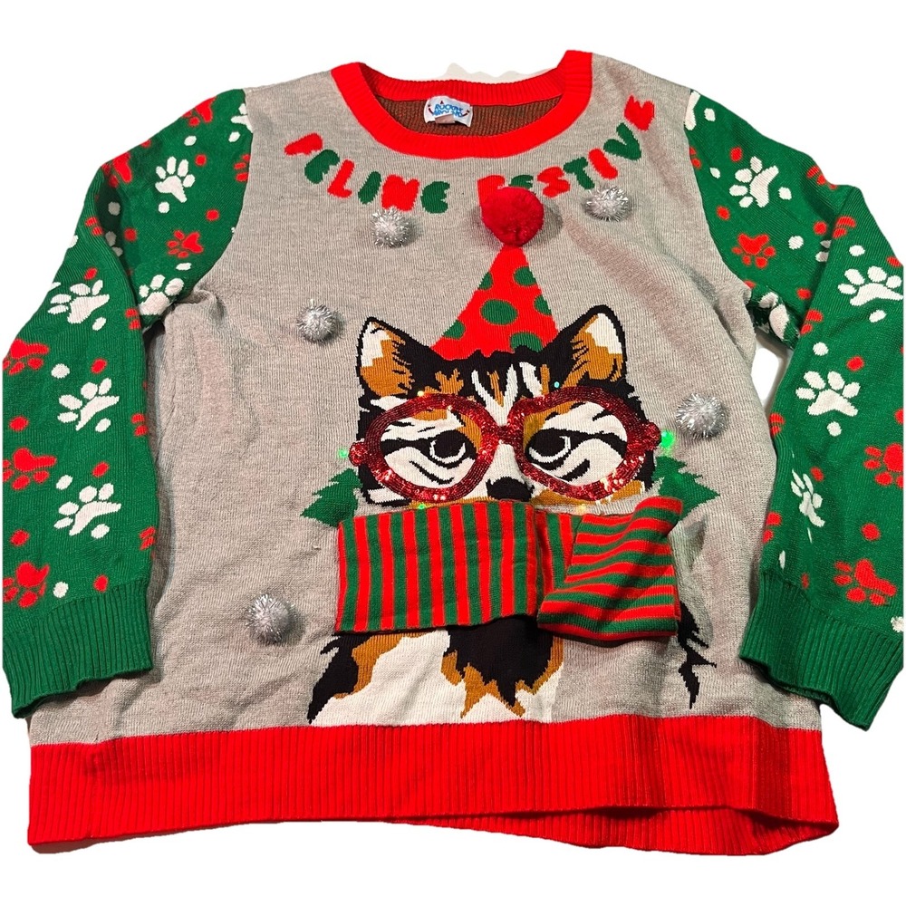 Rockin Around Womens Size Large Ugly Christmas Sweater Cat Festive‎